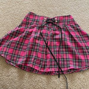tie front pink plaid pleated mini skirt